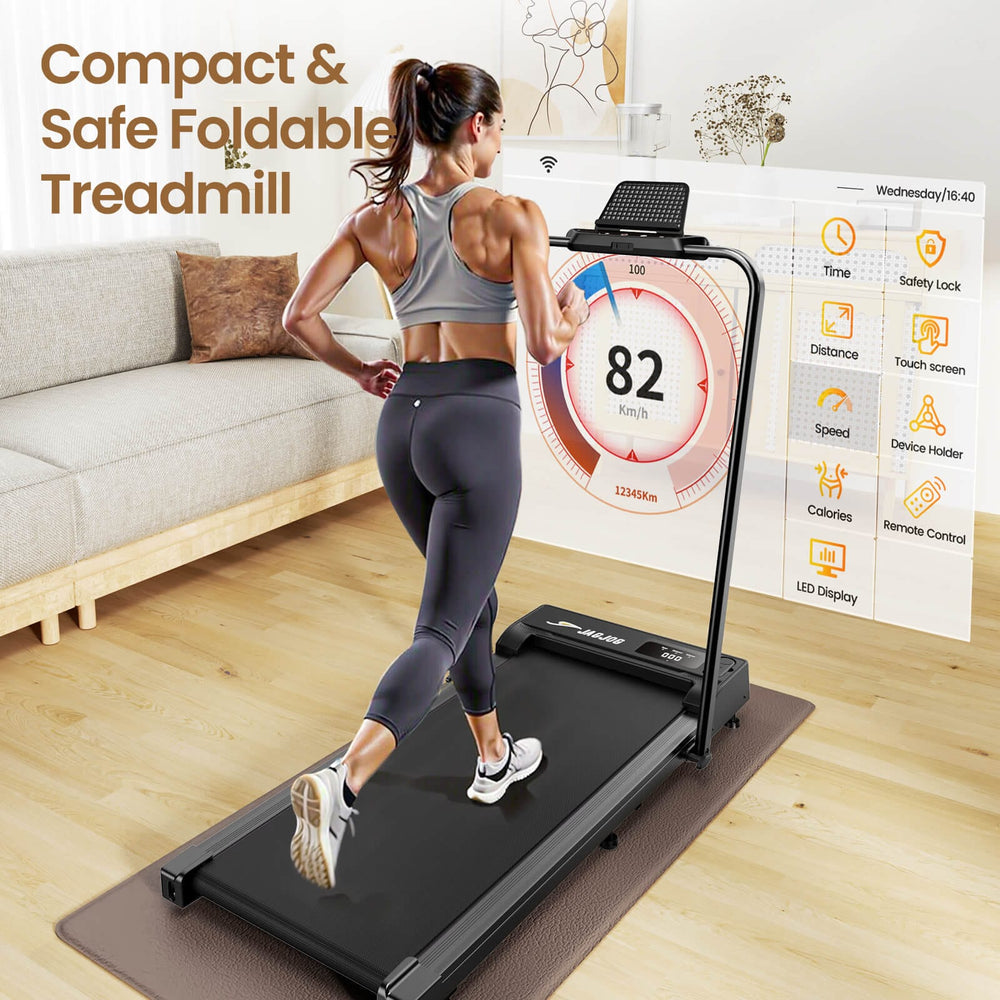 Jagjog Home Treadmill black-1 JT51 Otthoni Futópad Helytakarékos Összecsukható Kompakt Sétálópad Kormánnyal 10 km/h CE-Tanúsítvánnyal Rendelkező Elektromos