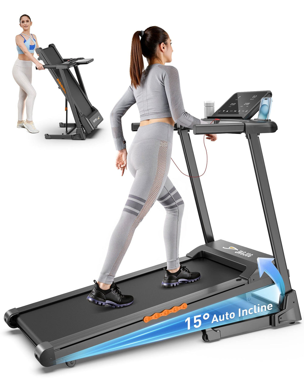Jagjog Home Treadmill JT61 Futópad Auto Incline+, 1-15% Elektromos Emelkedés, 13,5 km/h, Összecsukható, CE-Tanúsítvánnyal
