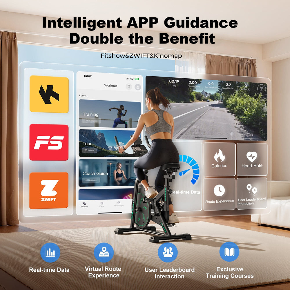CyberCart Exercise Bike QK118 Szobakerékpár APP-val és Bluetooth-tal, Állítható Mágneses Ellenállású Otthoni Szobakerékpár, Halk Beltéri Kerékpár